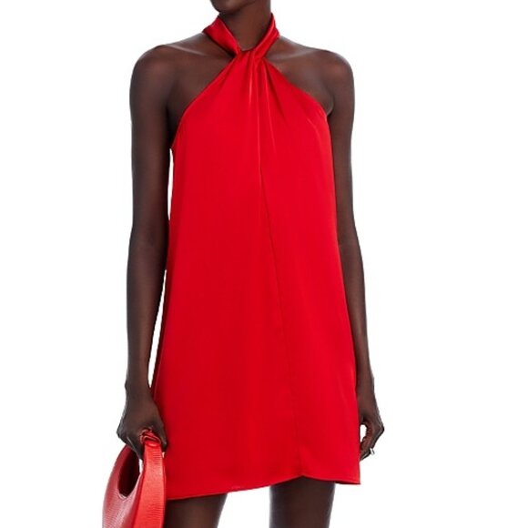 Aqua Red Satin Twist Neck Mini Dress – Size Small - Picture 2 of 3